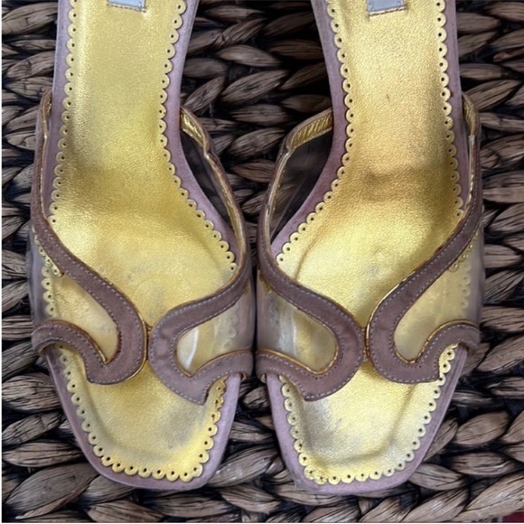 Prada Gold Suede Trimmed Textured Lucite Heeled Mules - Picture 10 of 14